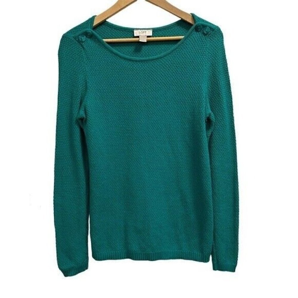 Ann Taylor LOFT Knit Sweater Size Small Green Long Sleeve Shoulder Button Detail